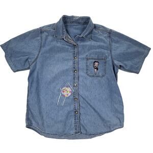 Vintage Denim Button Up Shirt Betty Boop Patch Short Sleeve Unbranded